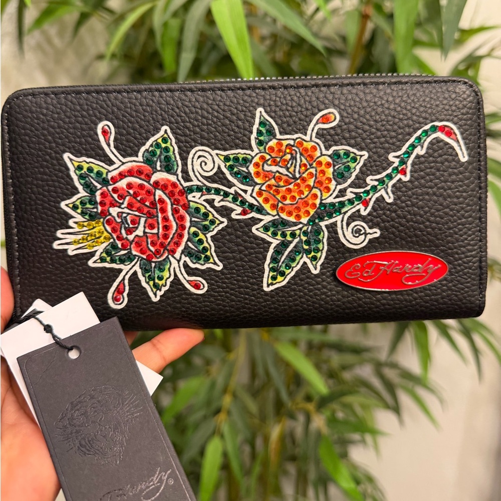Ed Hardy Black Wallet with Red and Orange Rose Embroidery